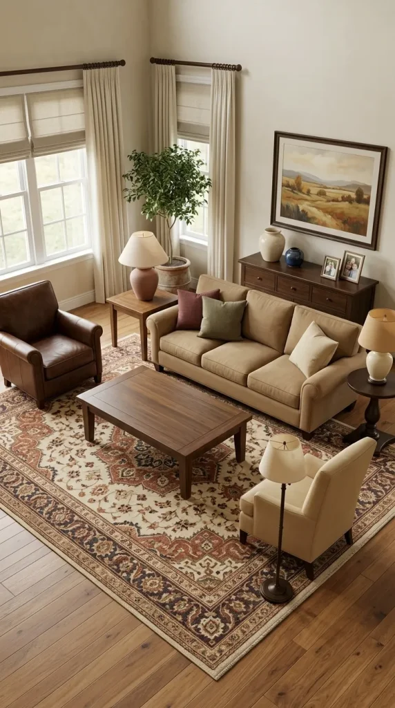 40 Living Room Decor Ideas for a Nostalgic 2000s and Y2K Aesthetic 14 Ground the Room With a Richly Patterned Traditional Rug