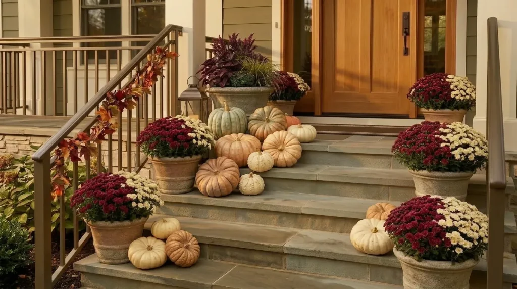 22 Fall Front Porch Steps, Railing and Uncovered Porch Ideas 6 Group pumpkins rather than placing one on every step