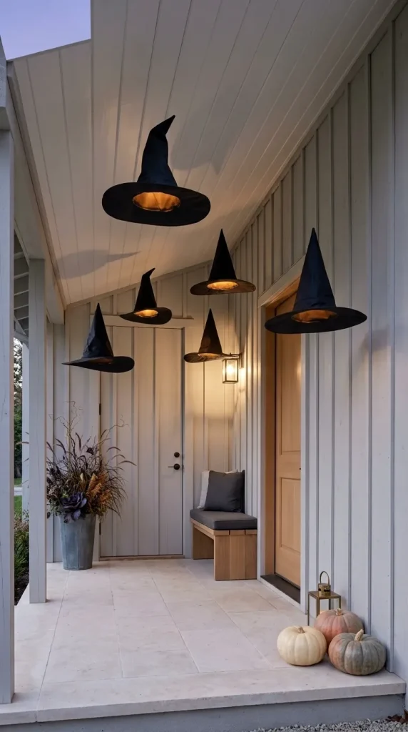 40 Front Porch Halloween Ideas for a Spooky, Stylish and Unforgettable Entrance 16 Hang Witch Hats Overhead Instead of Only Placing Them on the Ground