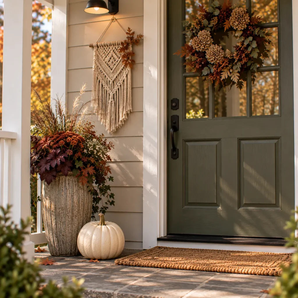 Hang a macrame or woven wall accent beside the door