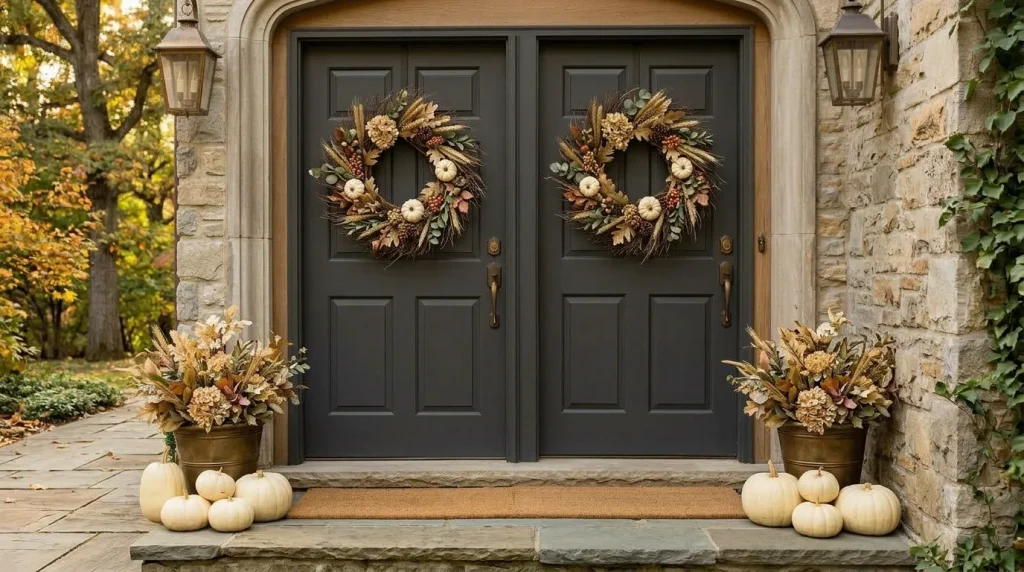 Hang matching wreaths on double doors