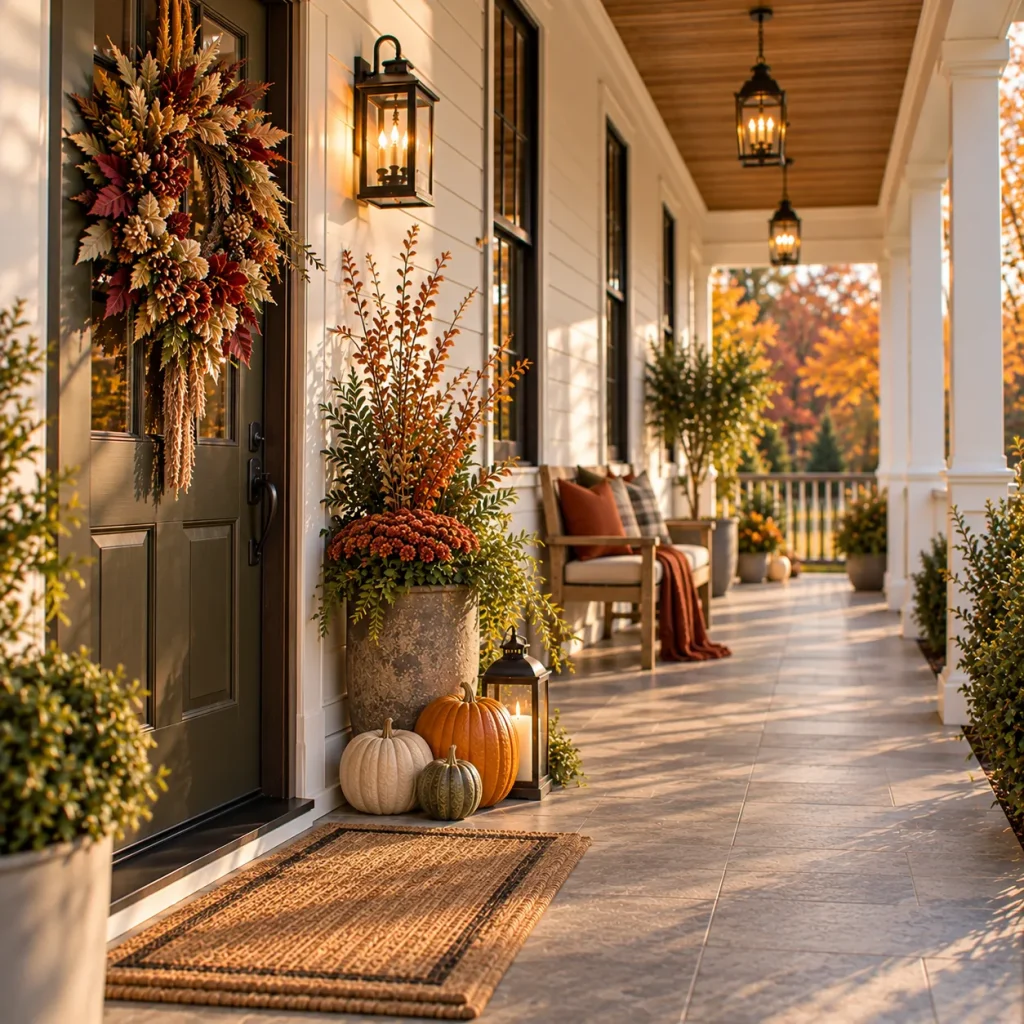 23 Long and Narrow Fall Front Porch Ideas That Use the Space Beautifully 7 Hang the seasonal detail on the door