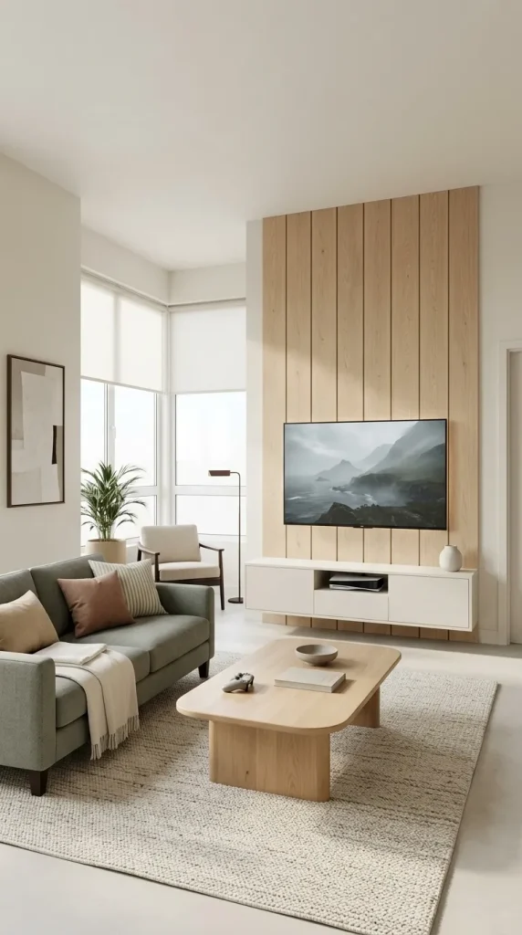 35 Gaming Living Room Ideas That Make Your Setup Stylish, Cosy and Seriously Fun 8 Introduce Warm Timber Panelling Behind the Screen