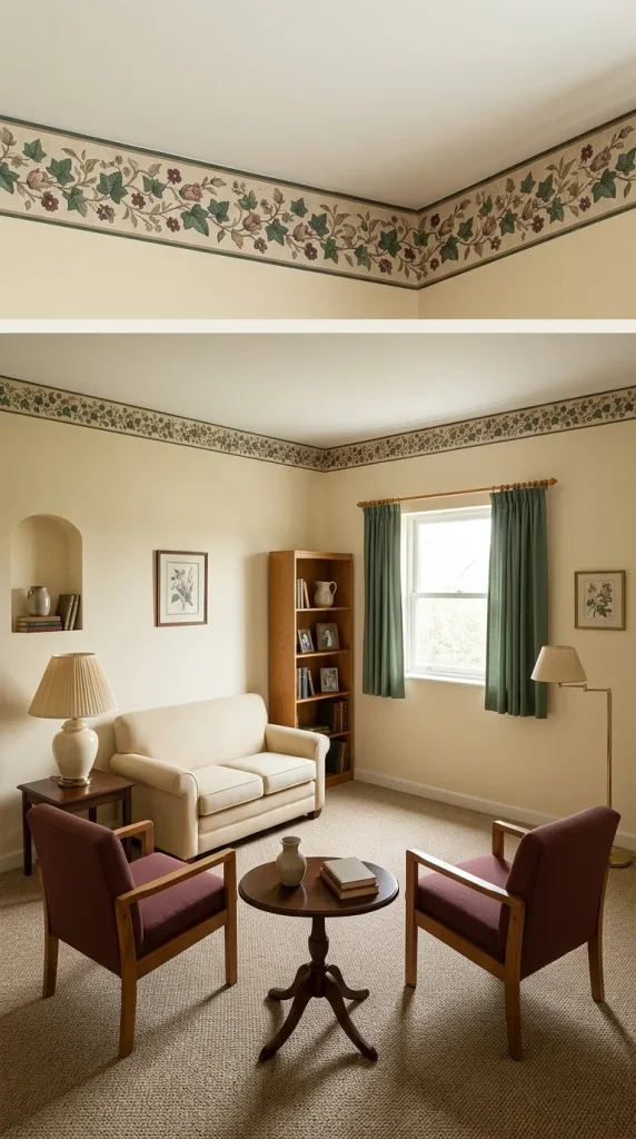 35 1990s Living Room Decor Ideas to Bring Back That Cosy, Nostalgic Feeling 11 Introduce a Floral Wallpaper Border
