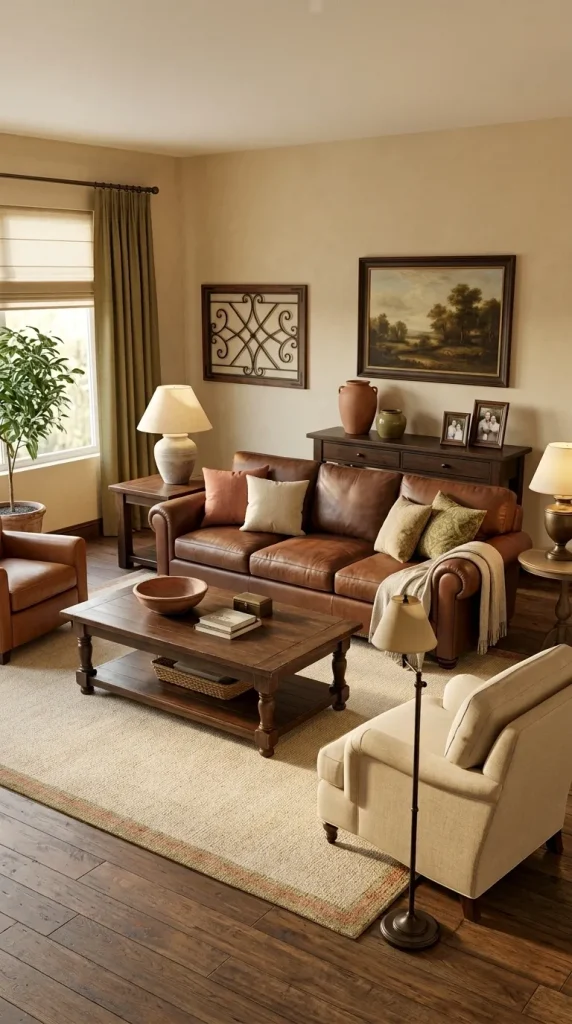 40 Living Room Decor Ideas for a Nostalgic 2000s and Y2K Aesthetic 11 Introduce a Substantial Brown Leather Sofa