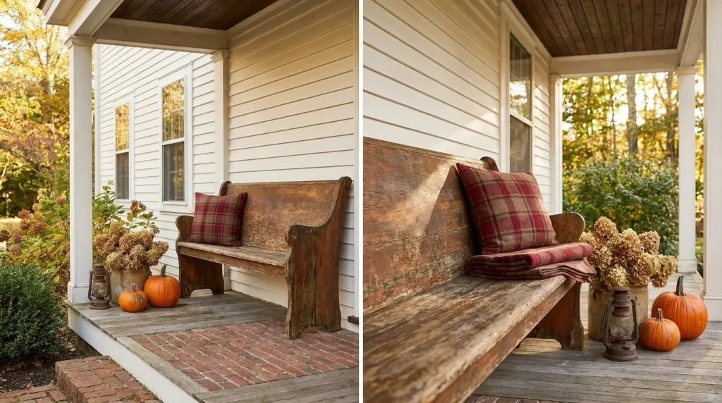 Keep a weathered wood bench mostly bare