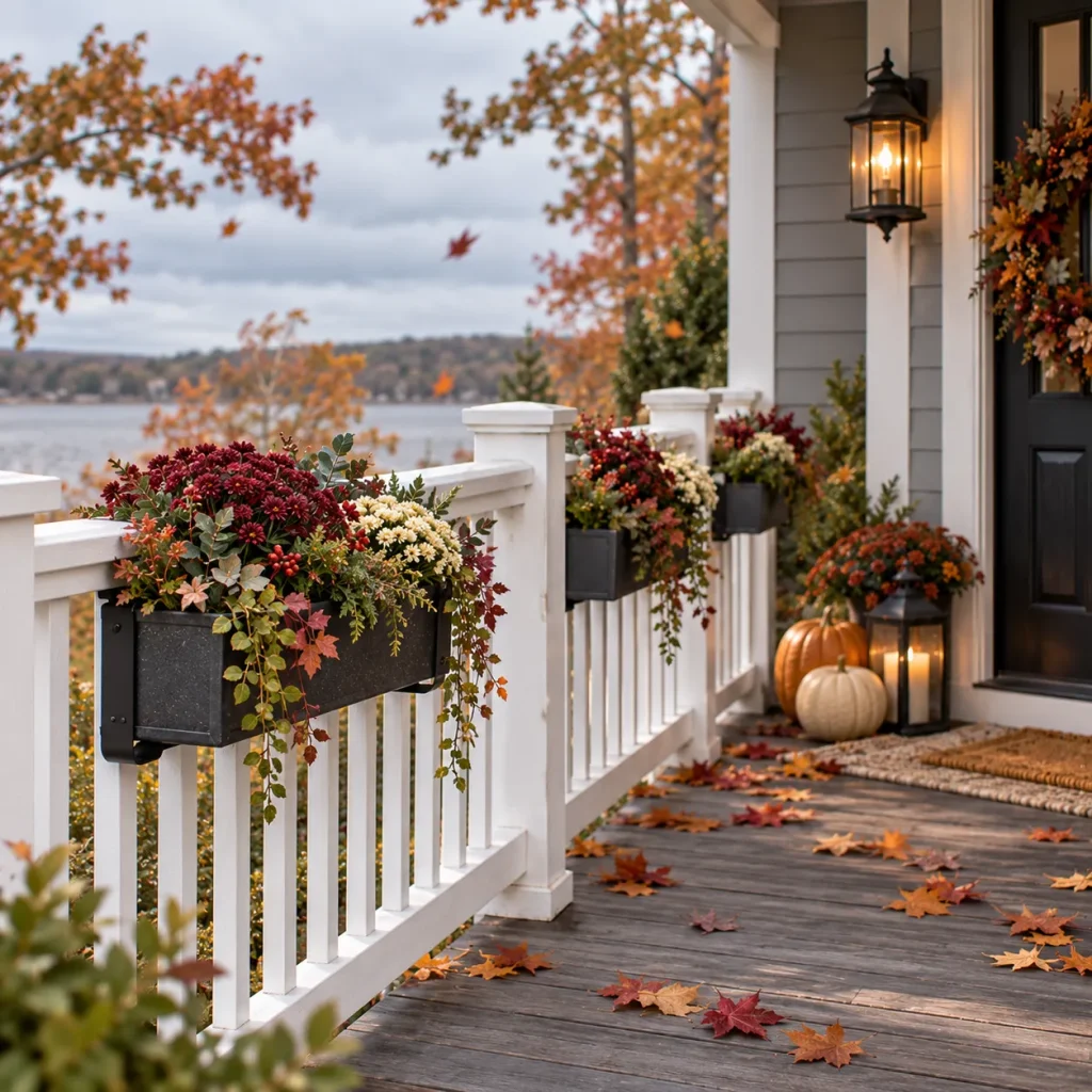 22 Fall Front Porch Steps, Railing and Uncovered Porch Ideas 15 Keep railing containers compact in windy locations