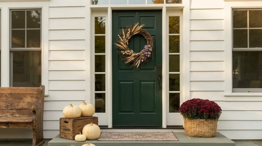 24 Fall Front Porch Ideas by Door and House Color 13 Keep the wreath quieter than the door