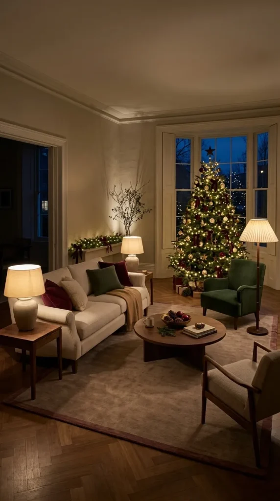 42 Christmas Living Room Decor Ideas for a Cosy, Magical and Beautifully Festive Home 41 Layer Warm Christmas Lighting Throughout the Living Room