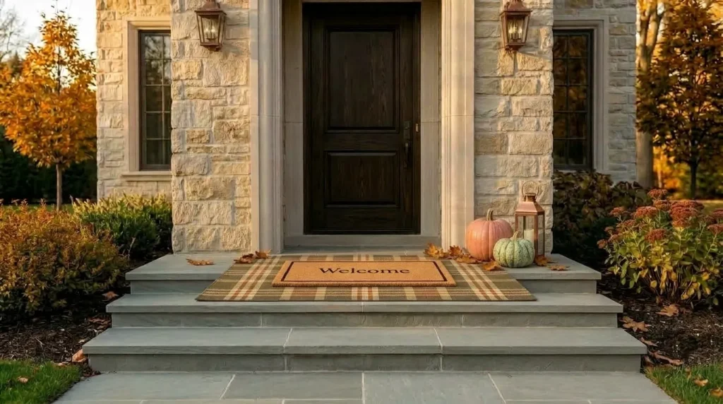 Layer a patterned outdoor rug beneath the doormat