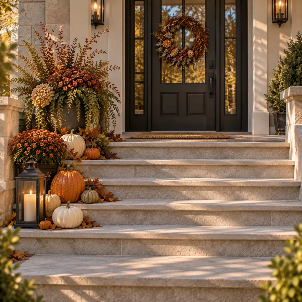 22 Fall Front Porch Steps, Railing and Uncovered Porch Ideas 4 Leave at least one side visually quiet