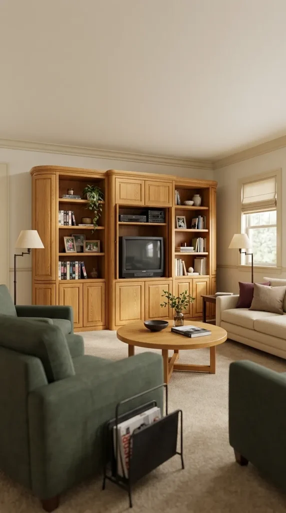 35 1990s Living Room Decor Ideas to Bring Back That Cosy, Nostalgic Feeling 7 Let Honey-Oak Furniture Define the Nostalgic Atmosphere