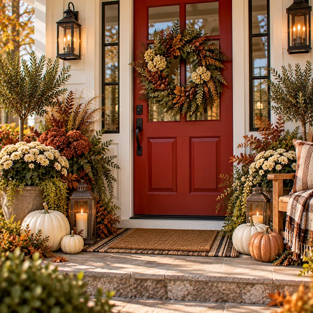 24 Fall Front Porch Ideas by Door and House Color 14 Let a red door replace the need for red mums