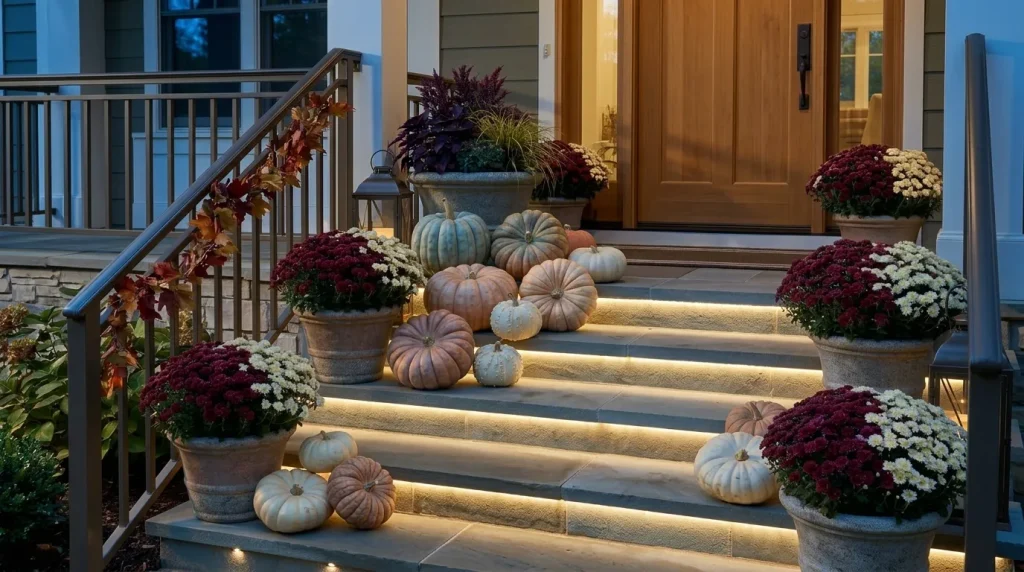 22 Fall Front Porch Steps, Railing and Uncovered Porch Ideas 7 Light the steps, not just the pumpkins