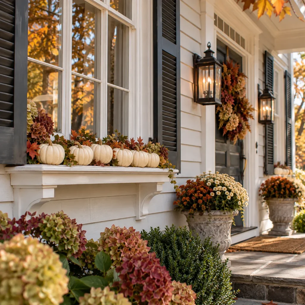 Line a secure ledge with small white pumpkins