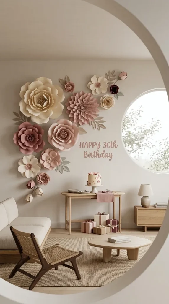 40 Birthday Living Room Decor Ideas for Beautiful At-Home Celebrations 31 Make Oversized Paper Flowers for a Decorative Feature Wall