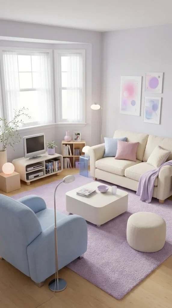 40 Living Room Decor Ideas for a Nostalgic 2000s and Y2K Aesthetic 37 Make a Cosy Y2K Living Room With Pastels and Plush Upholstery