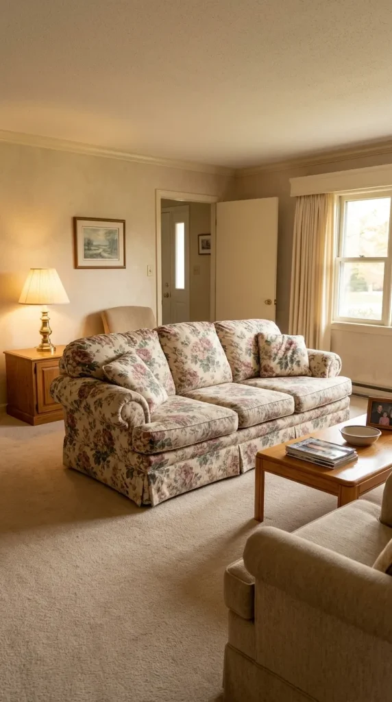 35 1990s Living Room Decor Ideas to Bring Back That Cosy, Nostalgic Feeling 2 Make an Oversized Floral Sofa the Centre of the Room