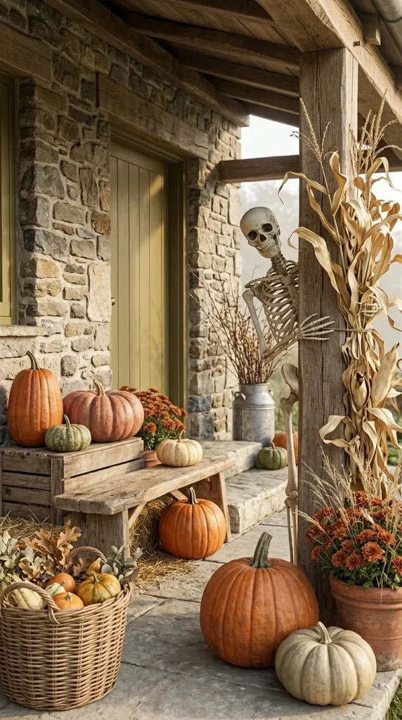 40 Front Porch Halloween Ideas for a Spooky, Stylish and Unforgettable Entrance 32 Mix Pumpkins, Rough Wood, Baskets, Cornstalks, and One Spooky Element