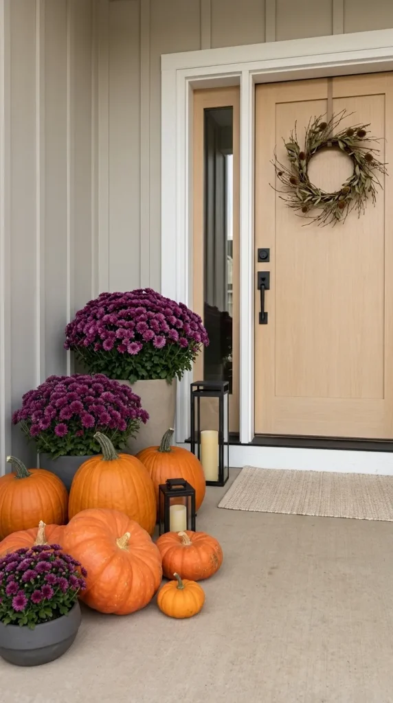 Mix Purple Mums With Orange Pumpkins for Stronger Contrast
