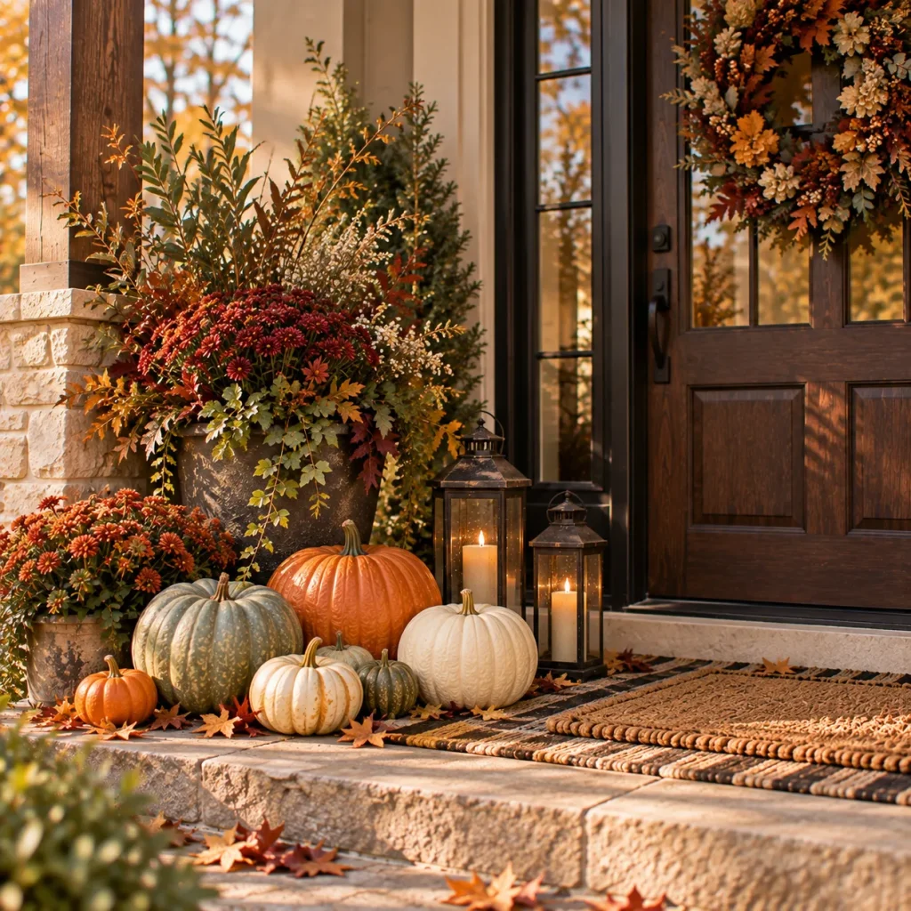 24 Fall Front Porch Ideas That Work for Halloween and Thanksgiving 6 Mix orange pumpkins with cream and green