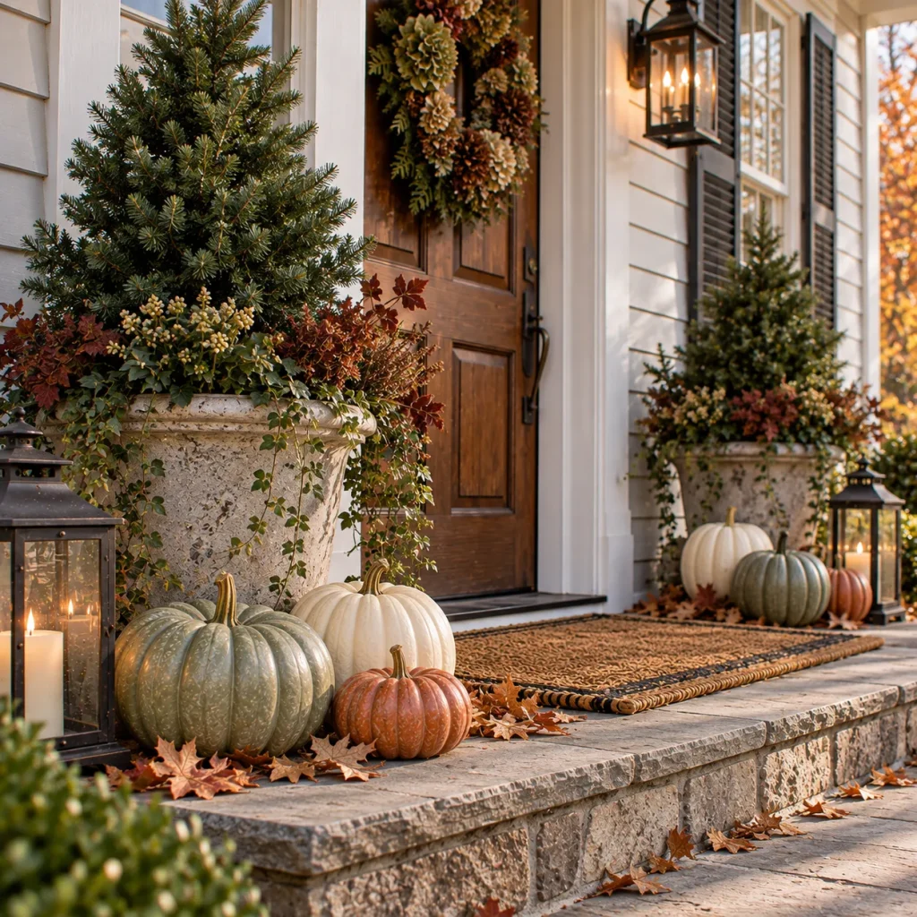 Mix pumpkins with potted evergreens