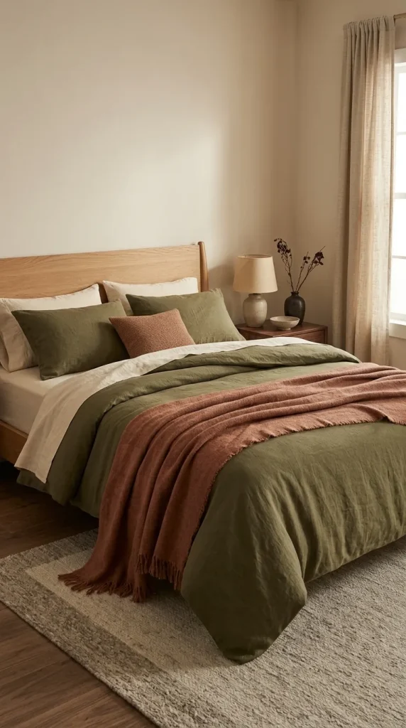 Olive Duvet + Cream Sheets + Rust Throw