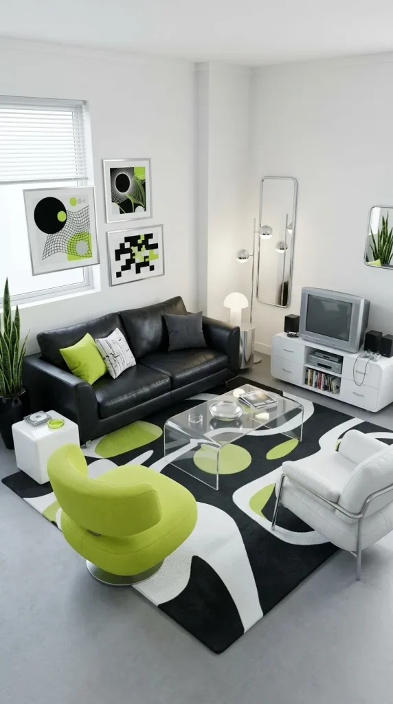 40 Living Room Decor Ideas for a Nostalgic 2000s and Y2K Aesthetic 4 Pair Lime Green With Black for a Graphic Y2K Living Room