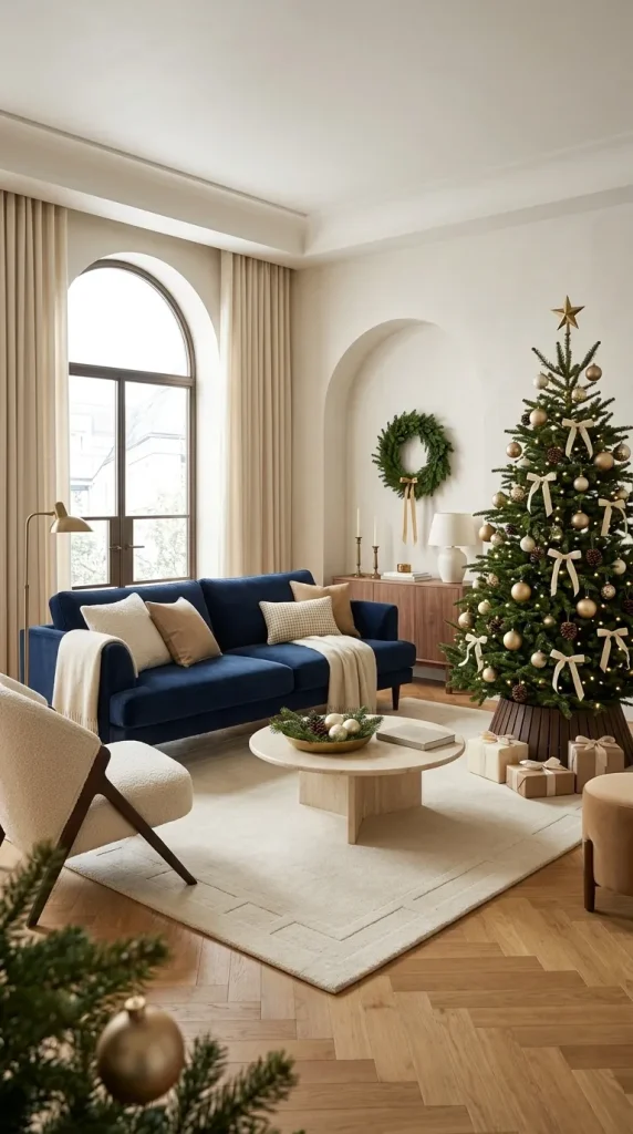 42 Christmas Living Room Decor Ideas for a Cosy, Magical and Beautifully Festive Home 8 Pair Navy Blue With Gold for a Sophisticated Christmas