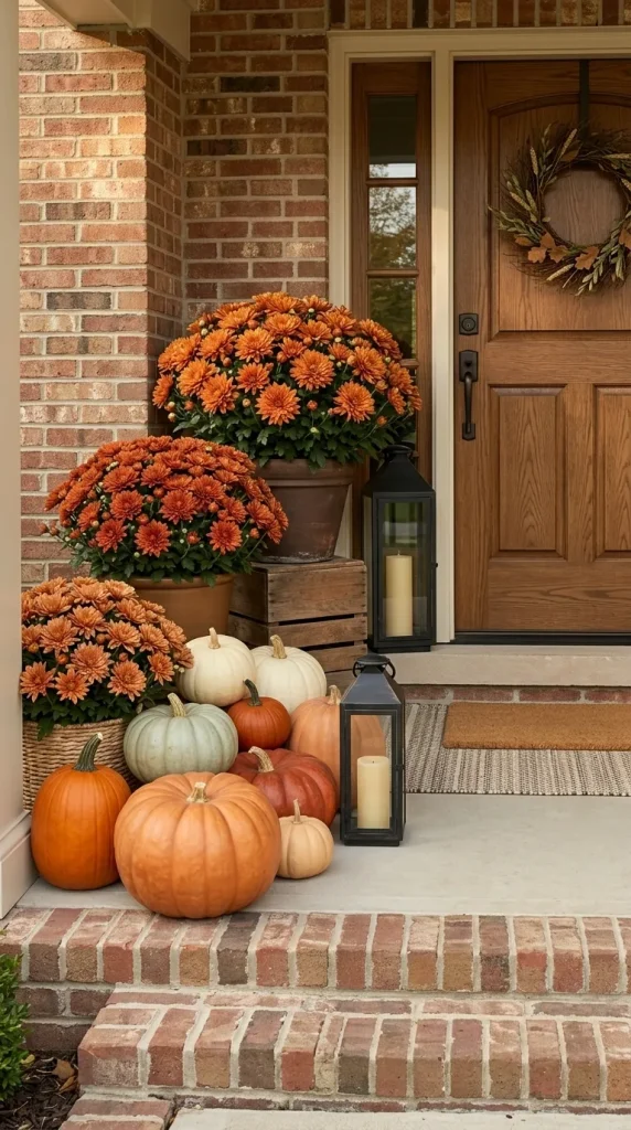 Pair Orange Mums With Natural Pumpkins for the Classic Fall Porch