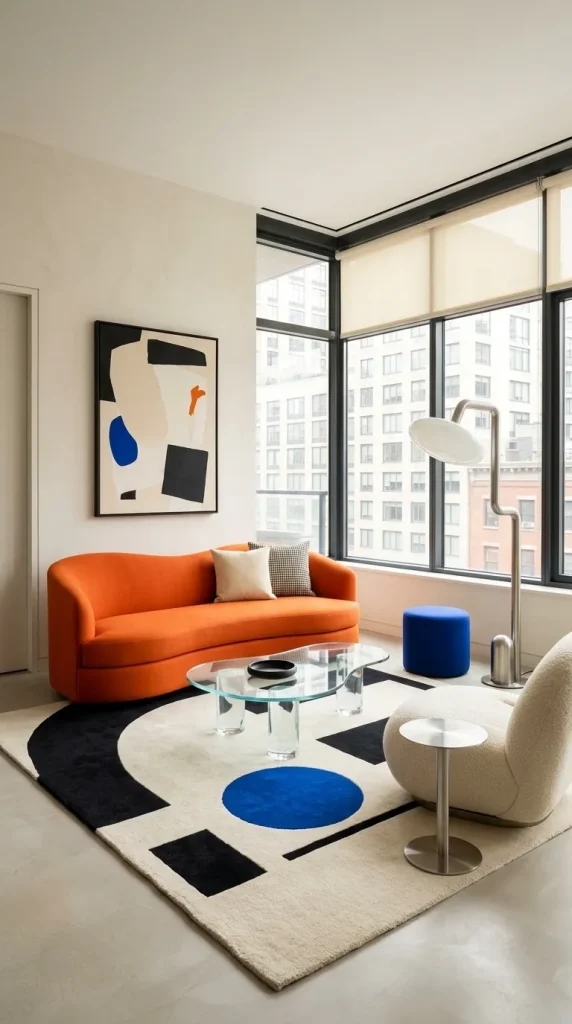 Pair a Bright Orange Sofa With a Graphic Rug