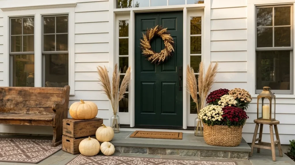 24 Fall Front Porch Ideas by Door and House Color 8 Pair a dark green door with cream pumpkins