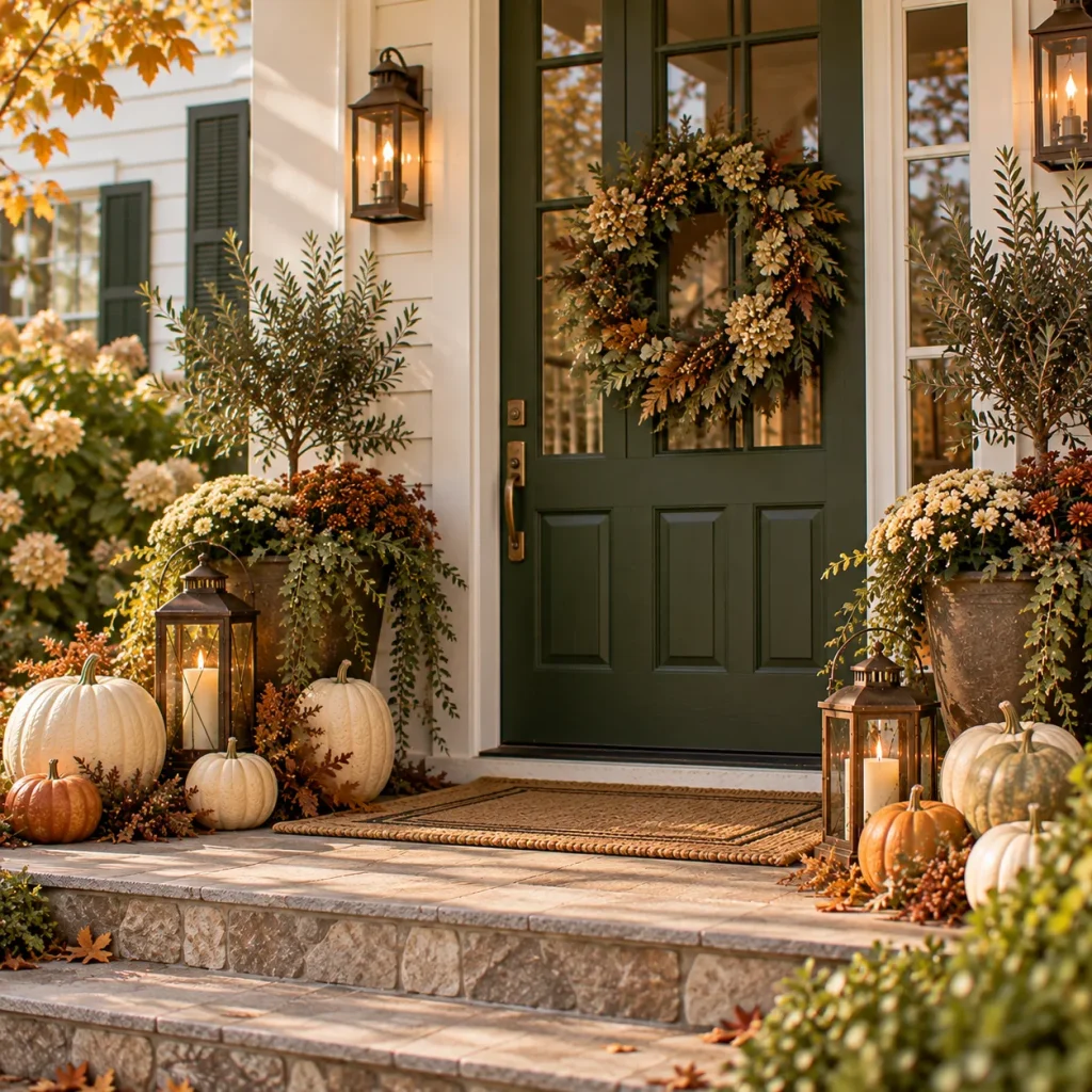 24 Fall Front Porch Ideas by Door and House Color 4 Pair a white house with a green door and restrained fall color
