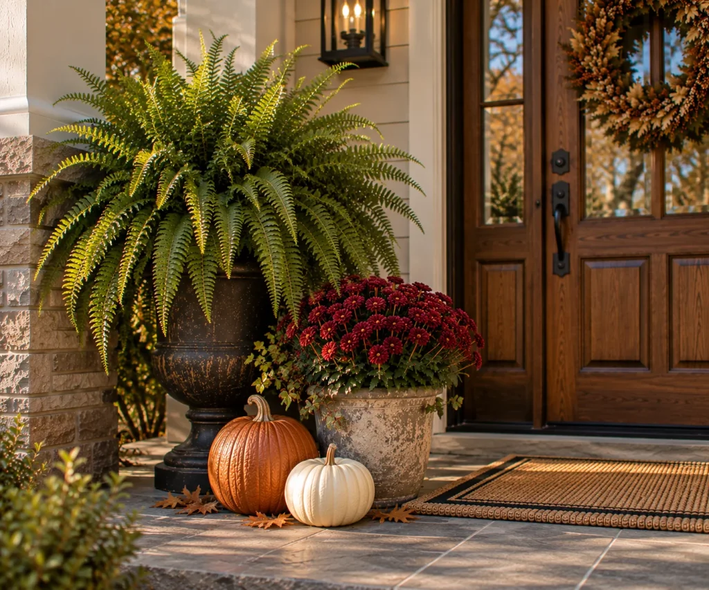 Pair ferns with one flowering fall pot