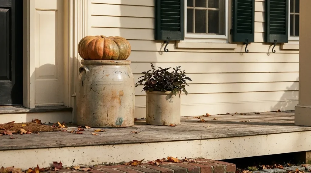 Perch pumpkins on old stoneware crocks