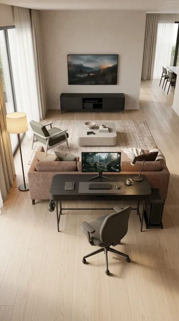 35 Gaming Living Room Ideas That Make Your Setup Stylish, Cosy and Seriously Fun 16 Place a Gaming Desk Behind the Sofa