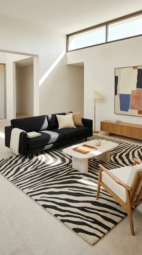 Place a Zebra Rug Under a Black Sofa