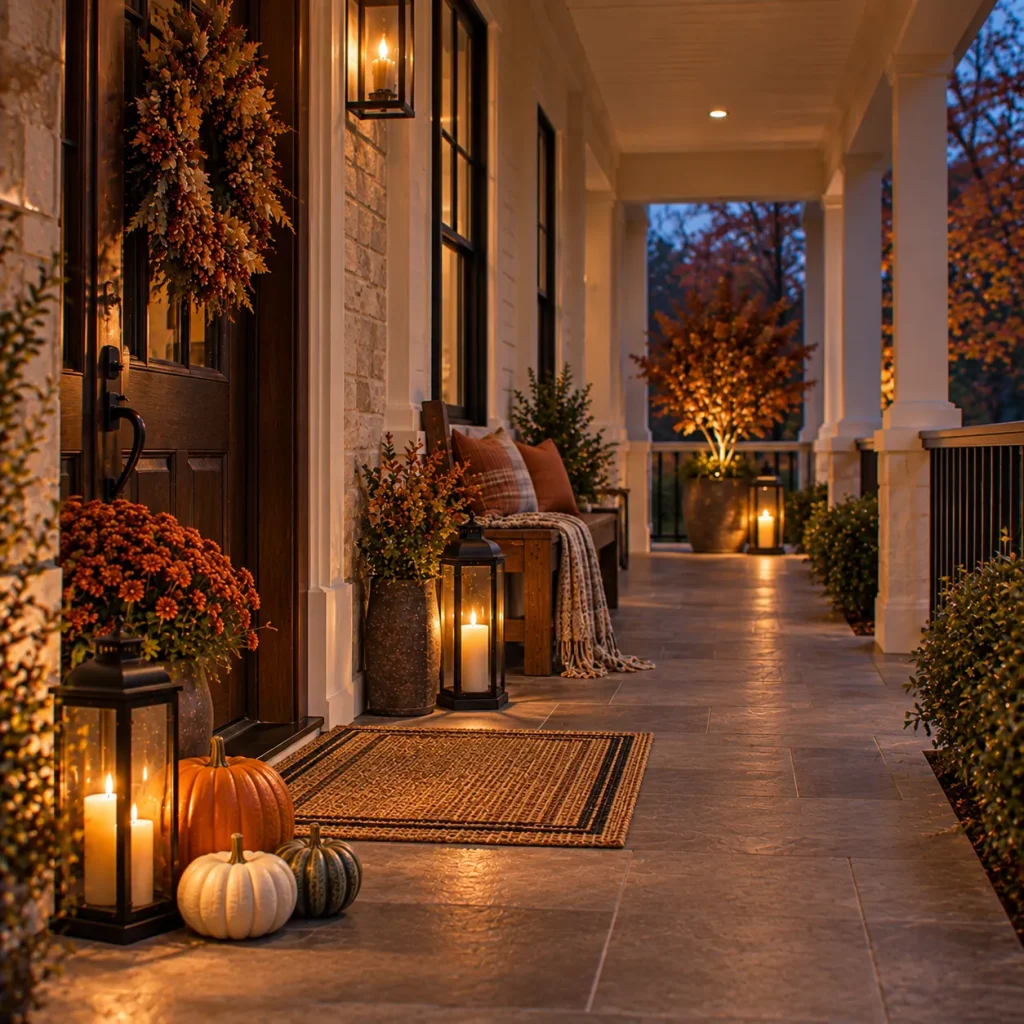 23 Long and Narrow Fall Front Porch Ideas That Use the Space Beautifully 18 Place lanterns at the anchor points