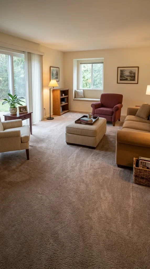 35 1990s Living Room Decor Ideas to Bring Back That Cosy, Nostalgic Feeling 8 Recreate the Soft Atmosphere of Wall-to-Wall Carpeting