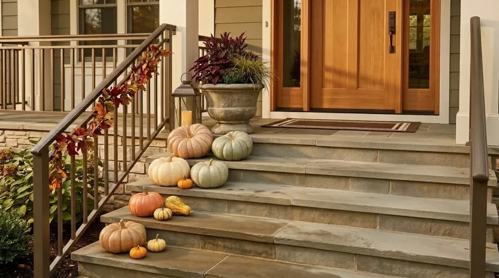 22 Fall Front Porch Steps, Railing and Uncovered Porch Ideas 3 Reduce the size of the decor as the steps descend