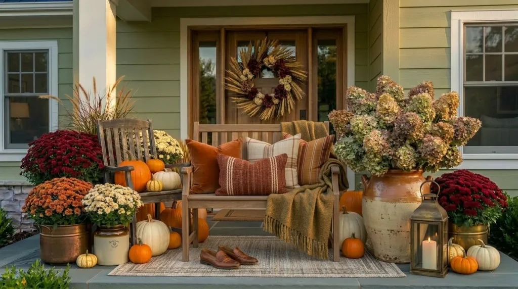 24 Fall Front Porch Ideas That Work for Halloween and Thanksgiving 22 Remove black props before adding more Thanksgiving decor