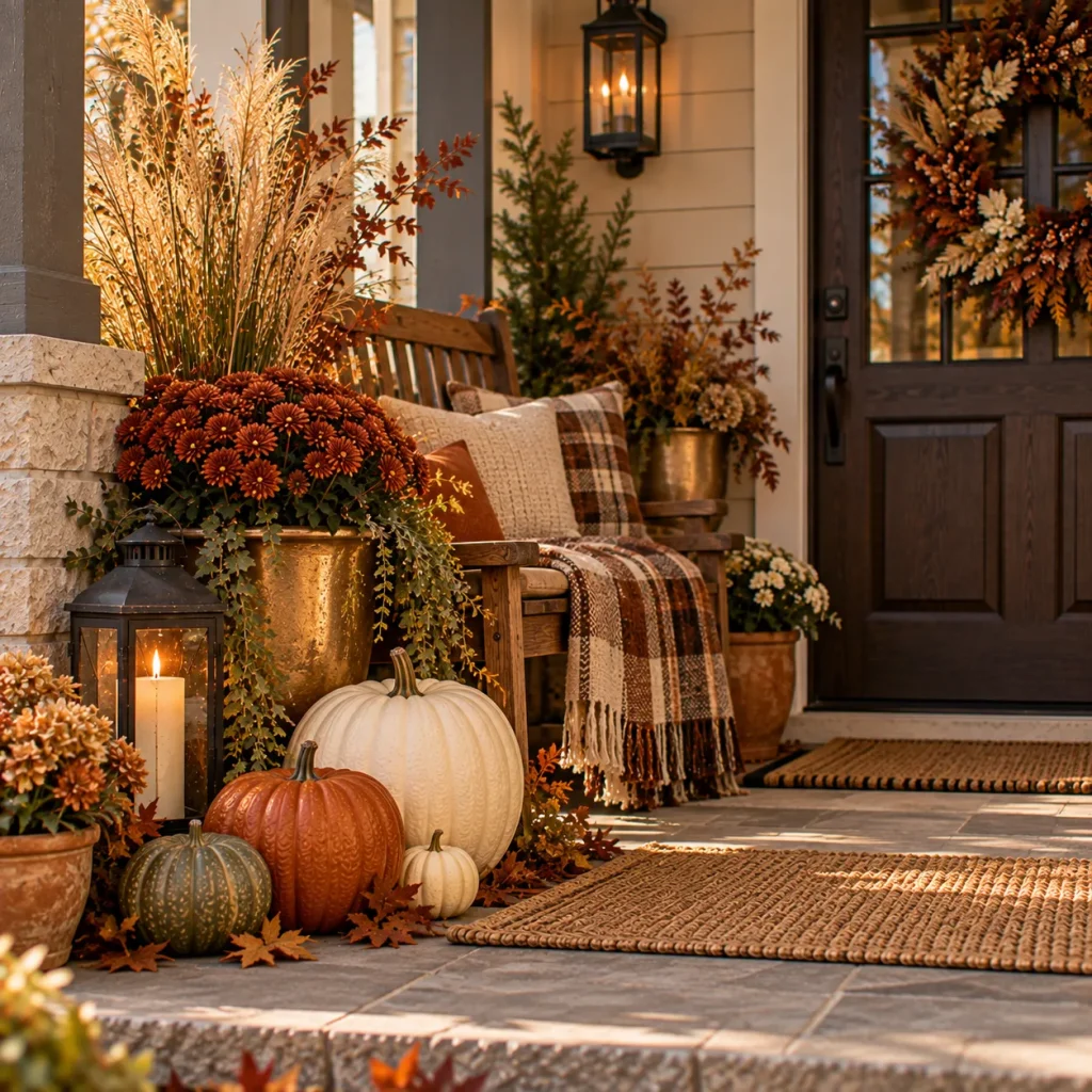 24 Fall Front Porch Ideas That Work for Halloween and Thanksgiving 24 Replace Halloween black with warm brown and brass tones