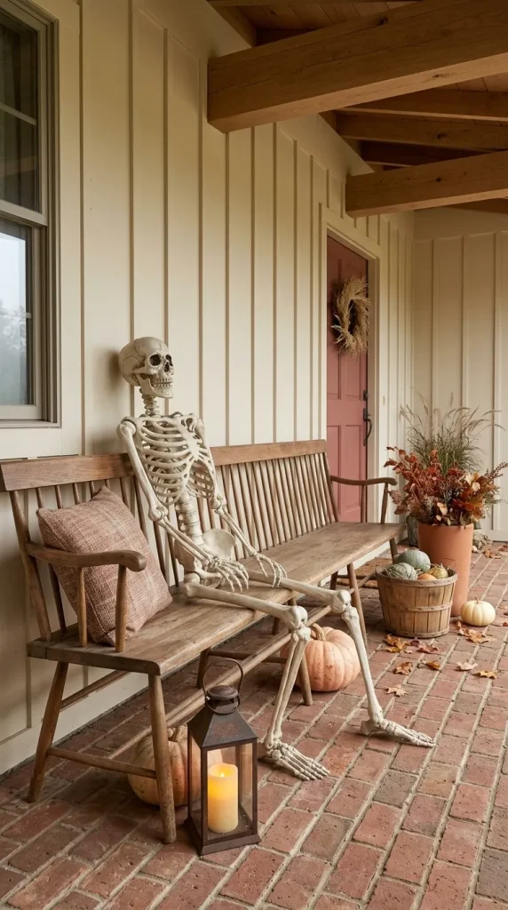 40 Front Porch Halloween Ideas for a Spooky, Stylish and Unforgettable Entrance 12 Seat a Skeleton on an Existing Porch Bench