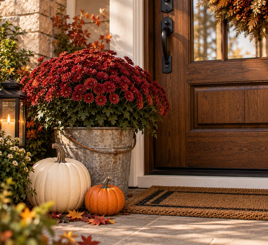 24 Fall Front Porch Decor Ideas With Crates and Galvanized Buckets 8 Slip a mum nursery pot inside a galvanized bucket