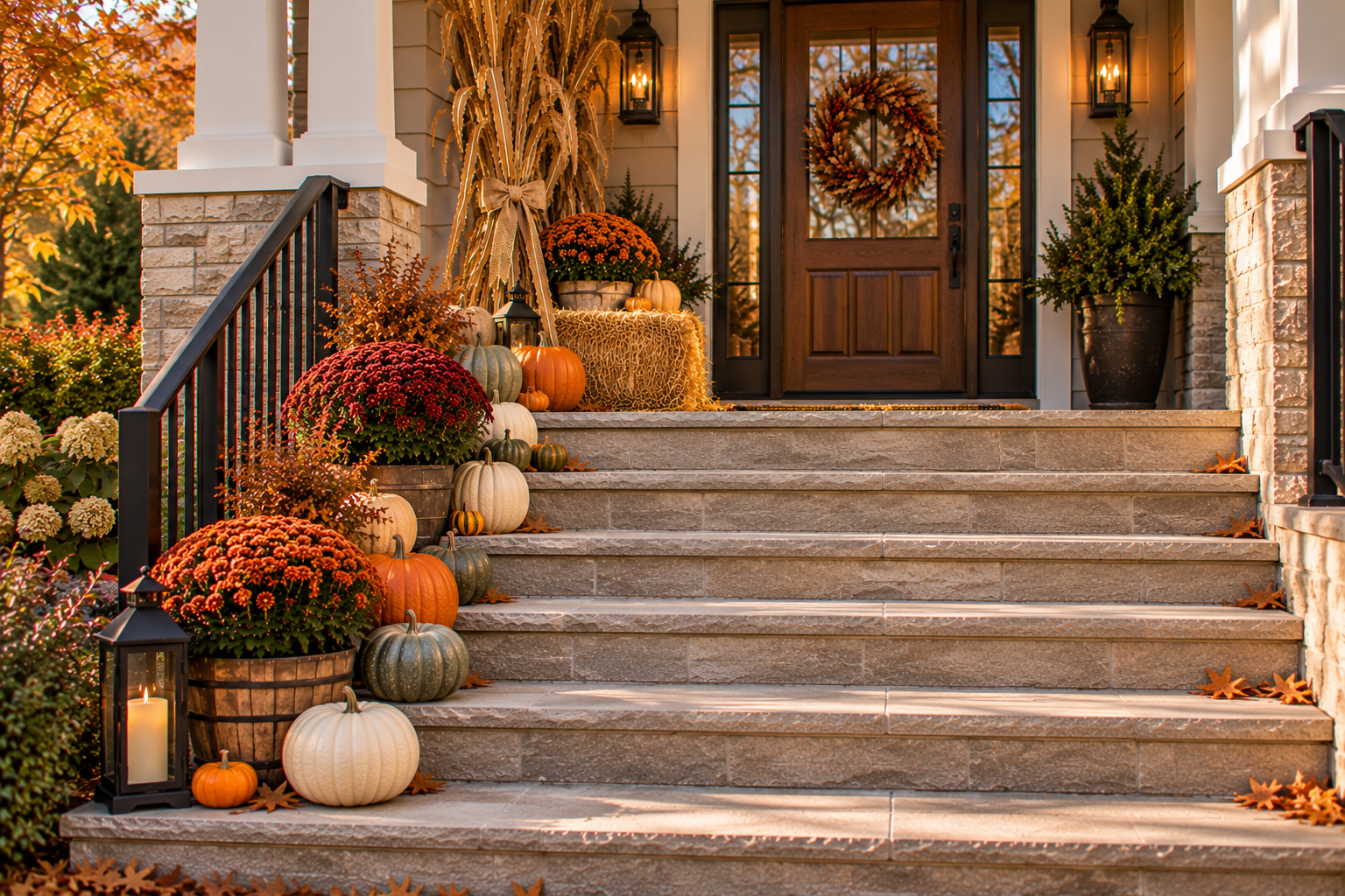 24 Fall Front Porch Ideas With Hay Bales and Corn Stalks for a Cozy Harvest Look 1 Spread a larger display across the steps