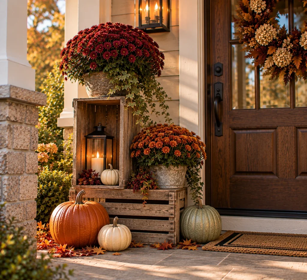 24 Fall Front Porch Decor Ideas With Crates and Galvanized Buckets 4 Stack two crates in opposite directions