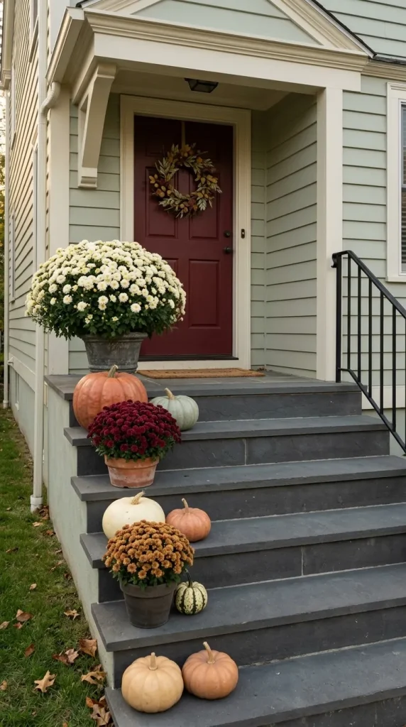 Stagger Mums and Pumpkins Along One Side of the Steps