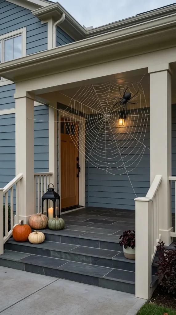 40 Front Porch Halloween Ideas for a Spooky, Stylish and Unforgettable Entrance 8 Stretch a Spiderweb Across an Architectural Feature