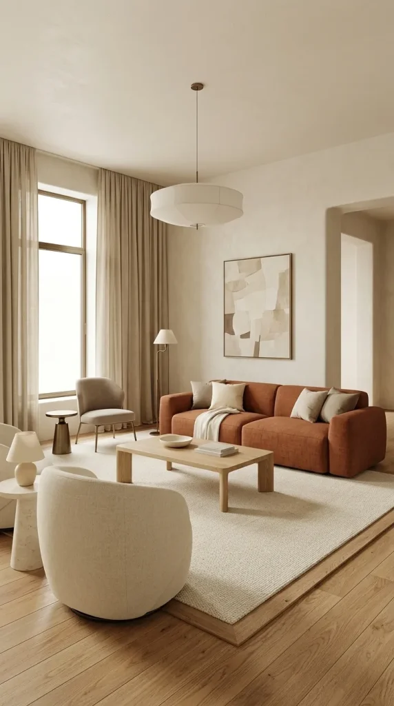 Style a Rust Sofa With Cream and Warm Wood
