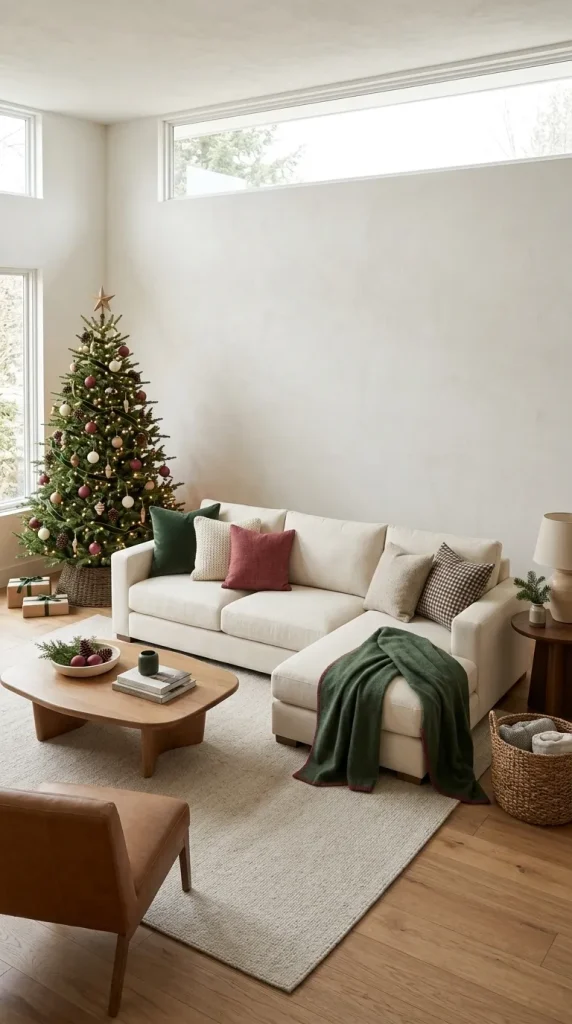 42 Christmas Living Room Decor Ideas for a Cosy, Magical and Beautifully Festive Home 23 Style a White Sectional With Festive Textiles